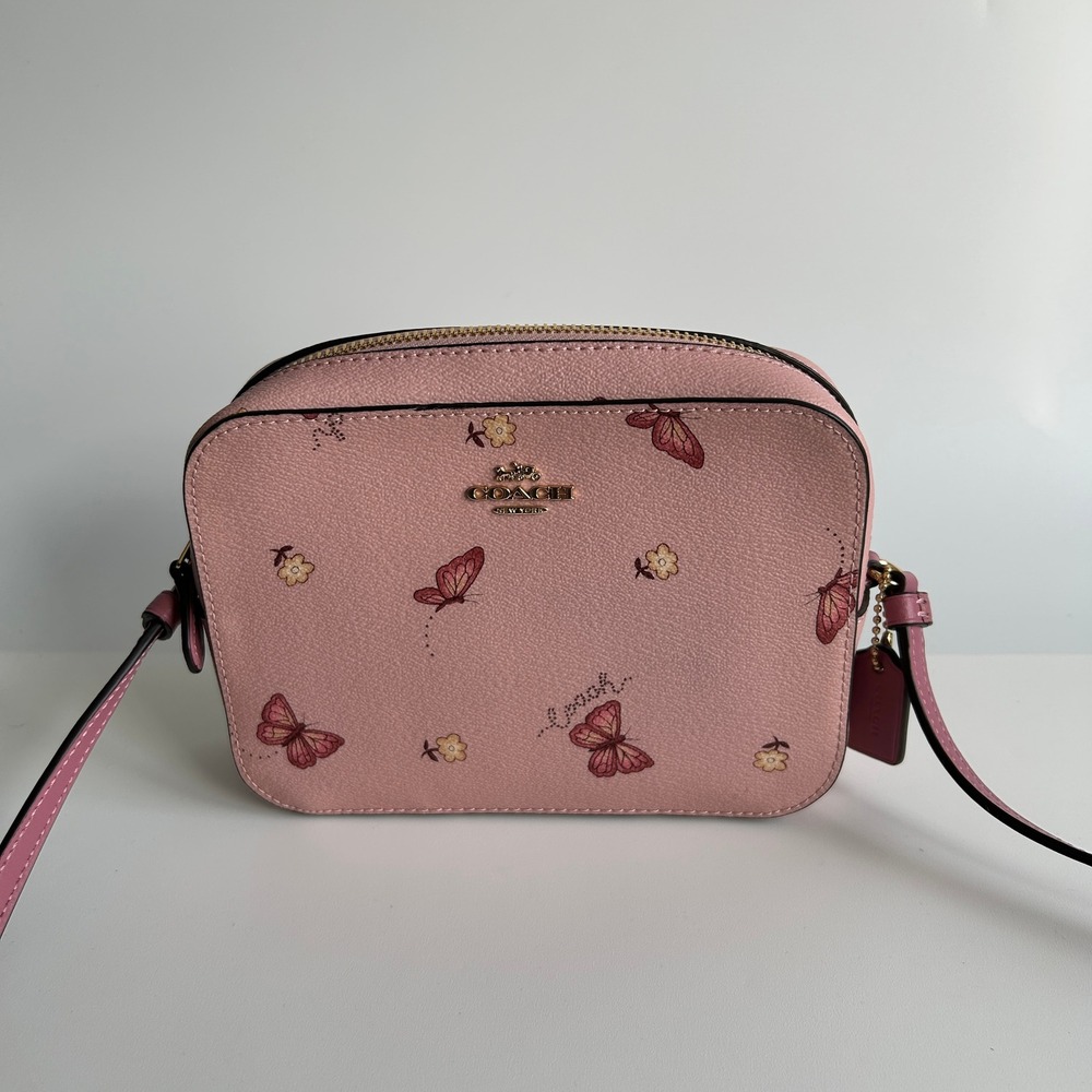 Coach Mini Camera Bag Pink Butterfly Print Leather Crossbody 2464